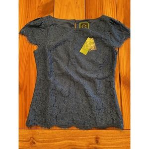 NEW NWT C Wonder Womens Blouse Solid Blue Lace Overlay Short Sleeve Lined Size 6